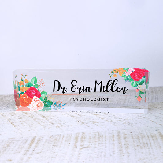 Personalized Name Plate for Desk | Mixed Flowers Design On Clear Acrylic Glass | Custom Office Decor Nameplate Sign | Personalized Gift
