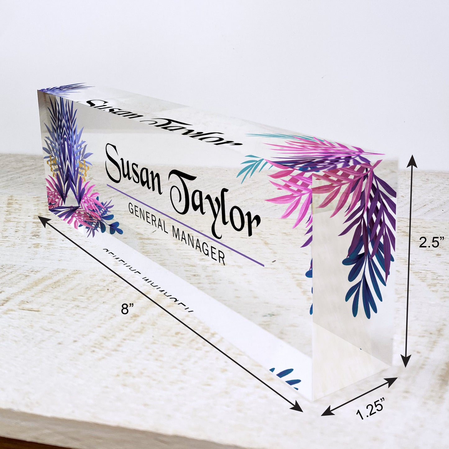 Personalized Name Plate for Desk | Leaf Purple Design On Clear Acrylic Glass | Custom Office Decor Nameplate Sign | Personalized Gift
