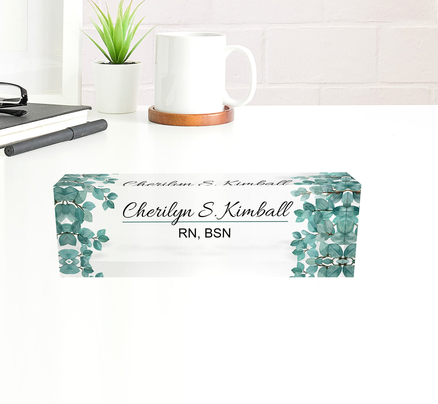 Personalized name plate, office desk gifts, name plate for graduation, acrylic, name plaque, nurse gift, gift new office, flower green