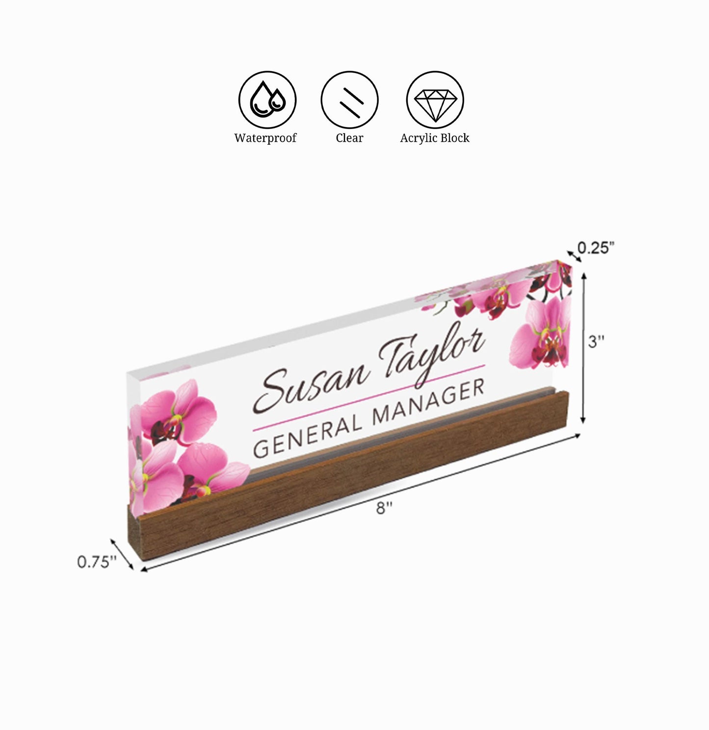 Personalized Name Plate for Desk | Orange Roses Design On Clear Acrylic Glass | Custom Office Decor Nameplate Sign | Personalized Gift