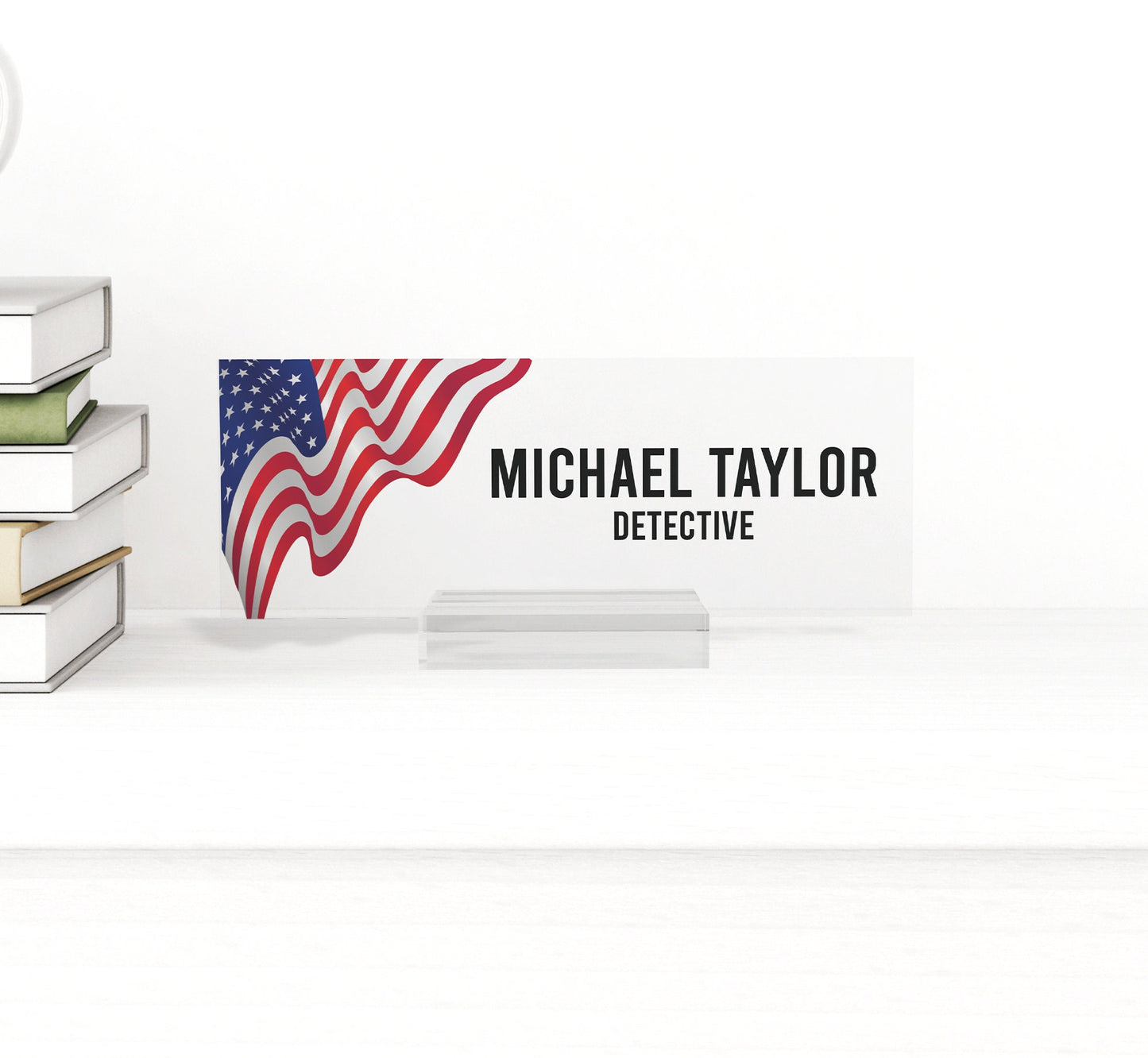 Desk name plate USA FLAG, flowers marble design name plate for desk, personalized business gift, gift for boss, gift for coworkers