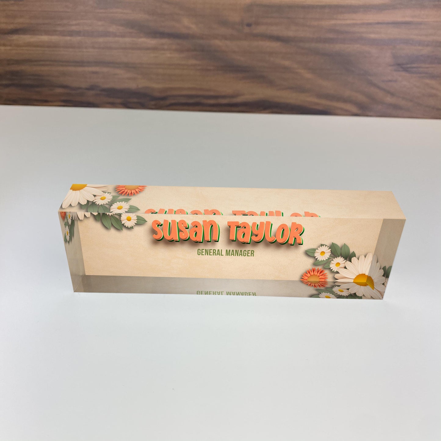 Personalized Name Plate for Desk, Bloom Floral Design On Clear Acrylic Glass, Custom Office Decor Nameplate Sign, Personalized Gift