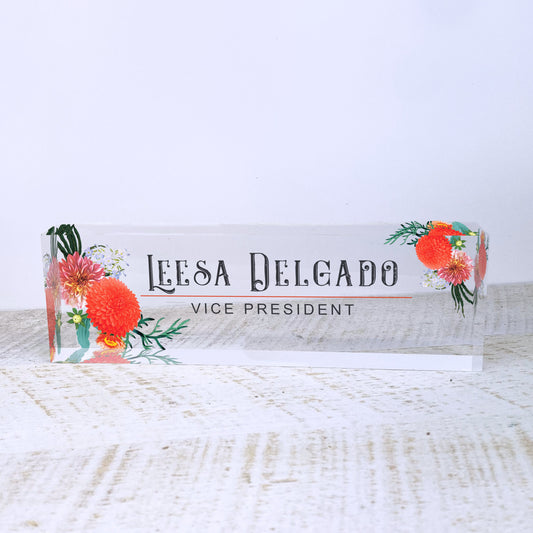 Personalized Desk Name Plate| Autumn Flowers Design Office Desk Decor On Clear Acrylic Glass | Custom Nameplate Sign | Personalized Gift