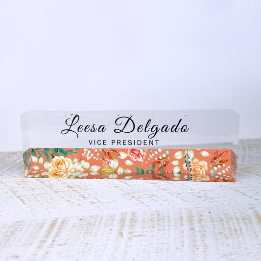 Personalized Desk Name Plate| Flower Stripe Design Office Desk Decor On Clear Acrylic Glass | Custom Nameplate Sign | Personalized Gift