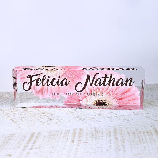 Personalized Desk Name Plate| Daisy Design Office Desk Decor On Clear Acrylic Glass | Custom Nameplate Sign | Personalized Gift