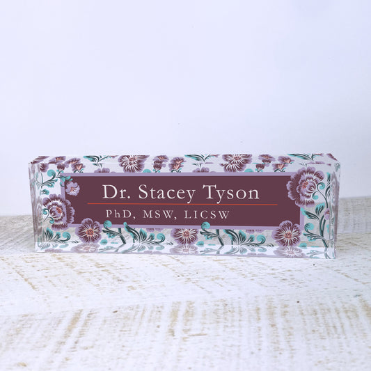 Personalized Desk Name Plate| Vintage Flowers Design Office Desk Decor On Clear Acrylic Glass | Custom Nameplate Sign | Personalized Gift