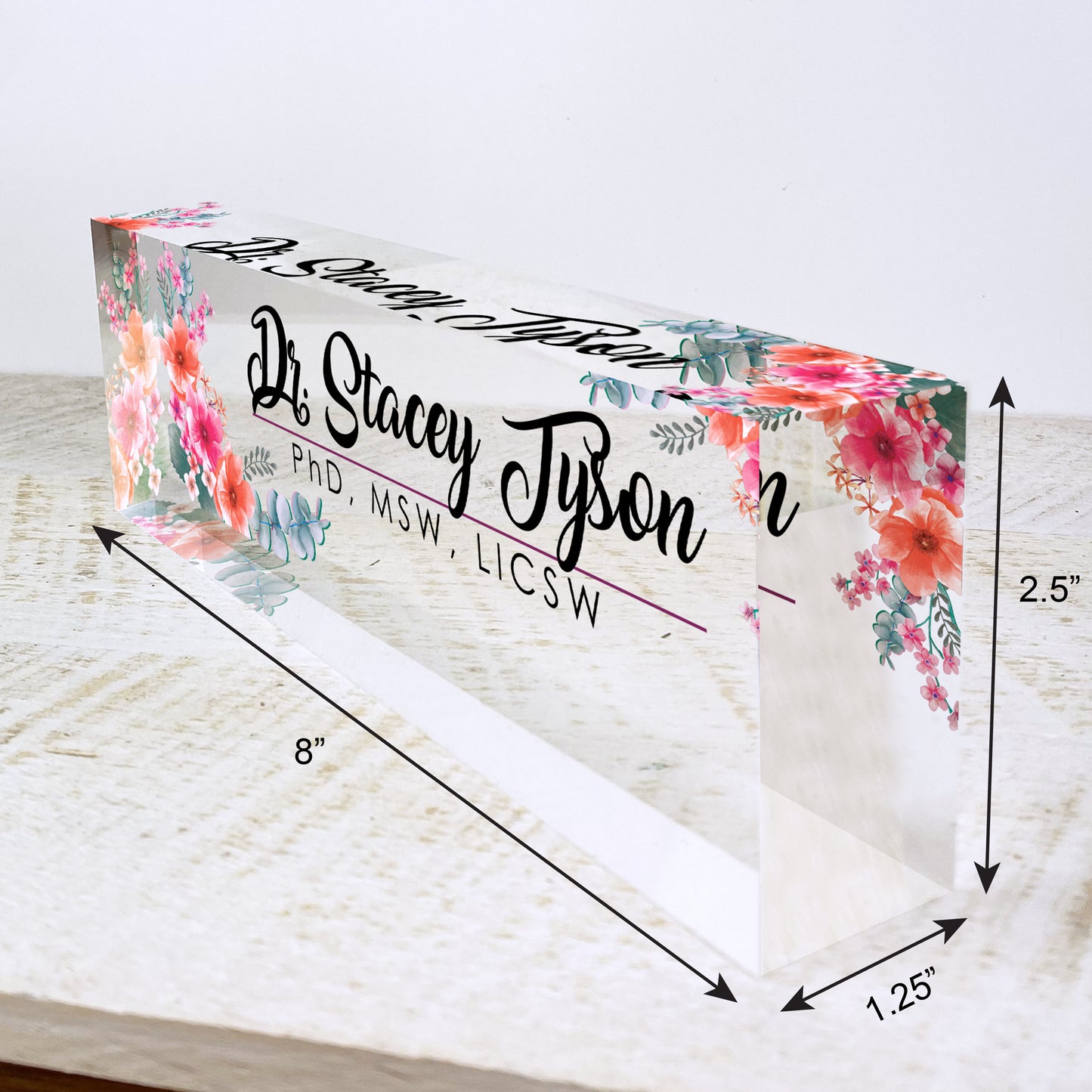 Personalized Name Plate for Desk | Flowers Wild Design On Clear Acrylic Glass | Custom Office Decor Nameplate Sign | Personalized Gift