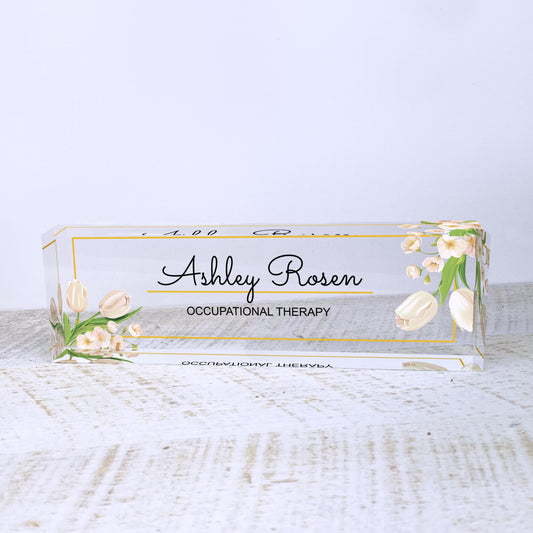Personalized Name Plate for Desk | Flowers white Design On Clear Acrylic Glass | Custom Office Decor Nameplate Sign | Personalized Gift