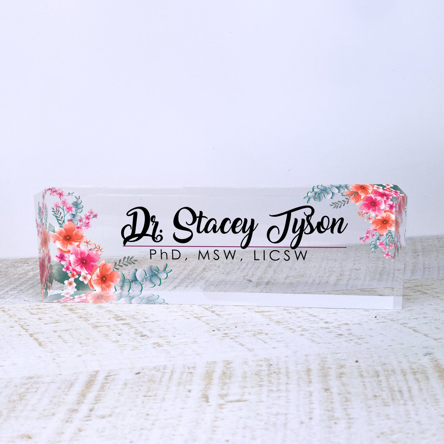 Personalized Name Plate for Desk | Flowers Wild Design On Clear Acrylic Glass | Custom Office Decor Nameplate Sign | Personalized Gift