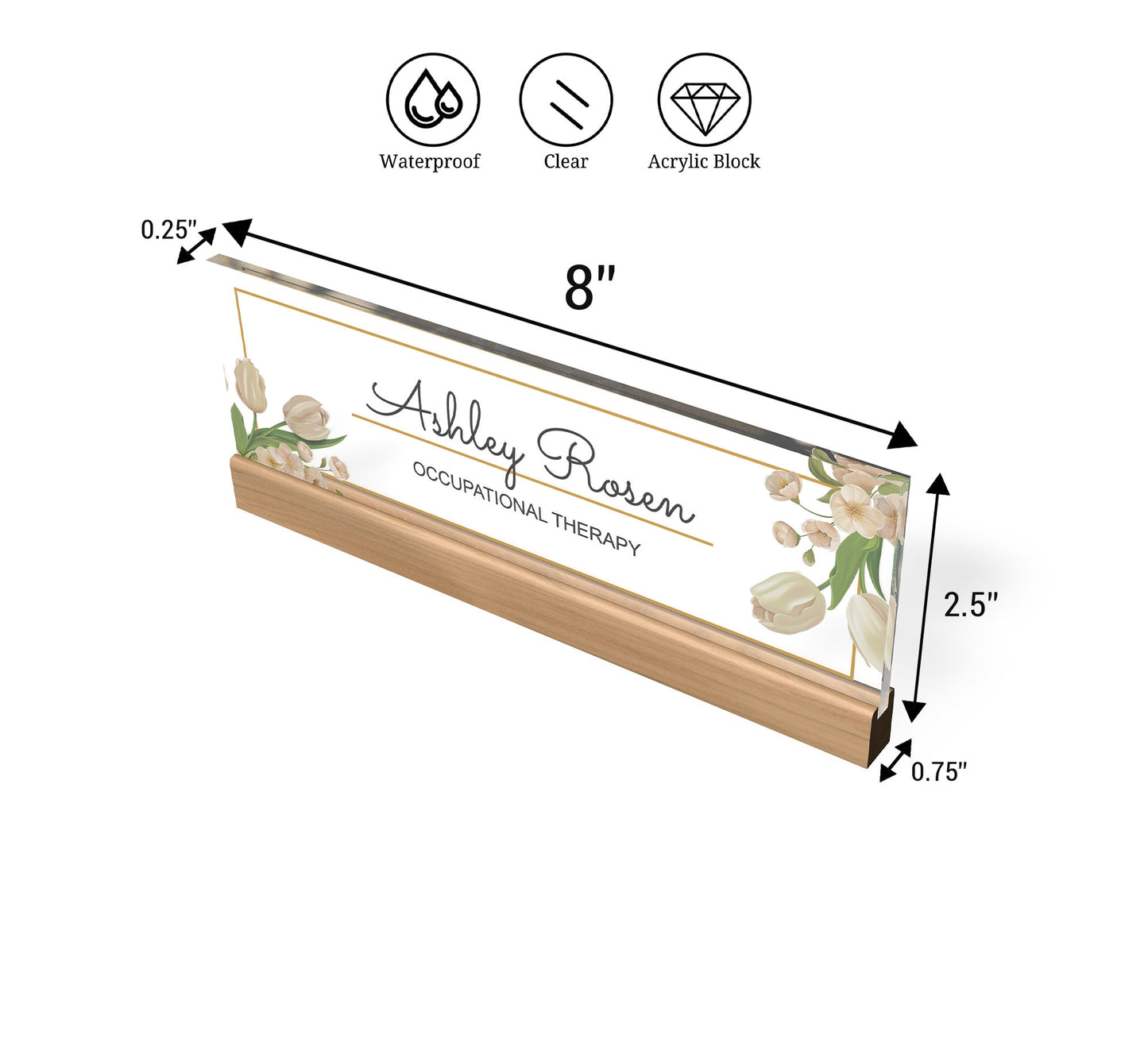 Personalized Name Plate for Desk | Flowers white Design On Clear Acrylic Glass | Custom Office Decor Nameplate Sign | Personalized Gift