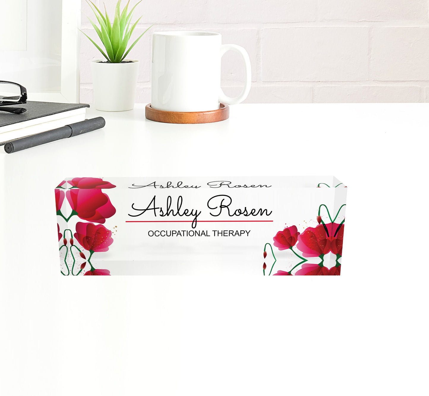 Personalized name plate, office desk gifts, name plate for graduation, glass acrylic, name plaque, nurse gift, gift new office, flower red