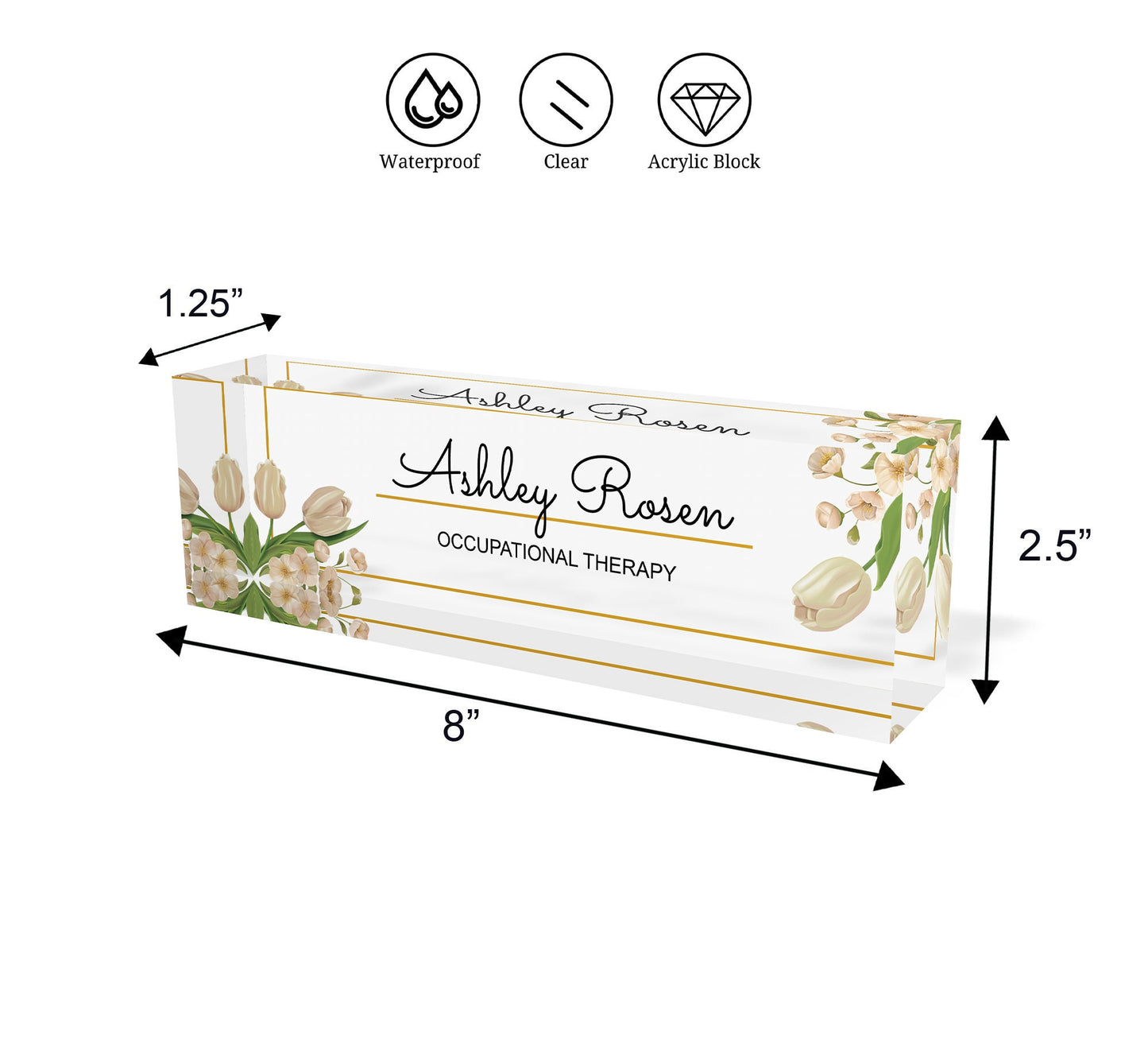 Personalized Name Plate for Desk | Flowers white Design On Clear Acrylic Glass | Custom Office Decor Nameplate Sign | Personalized Gift