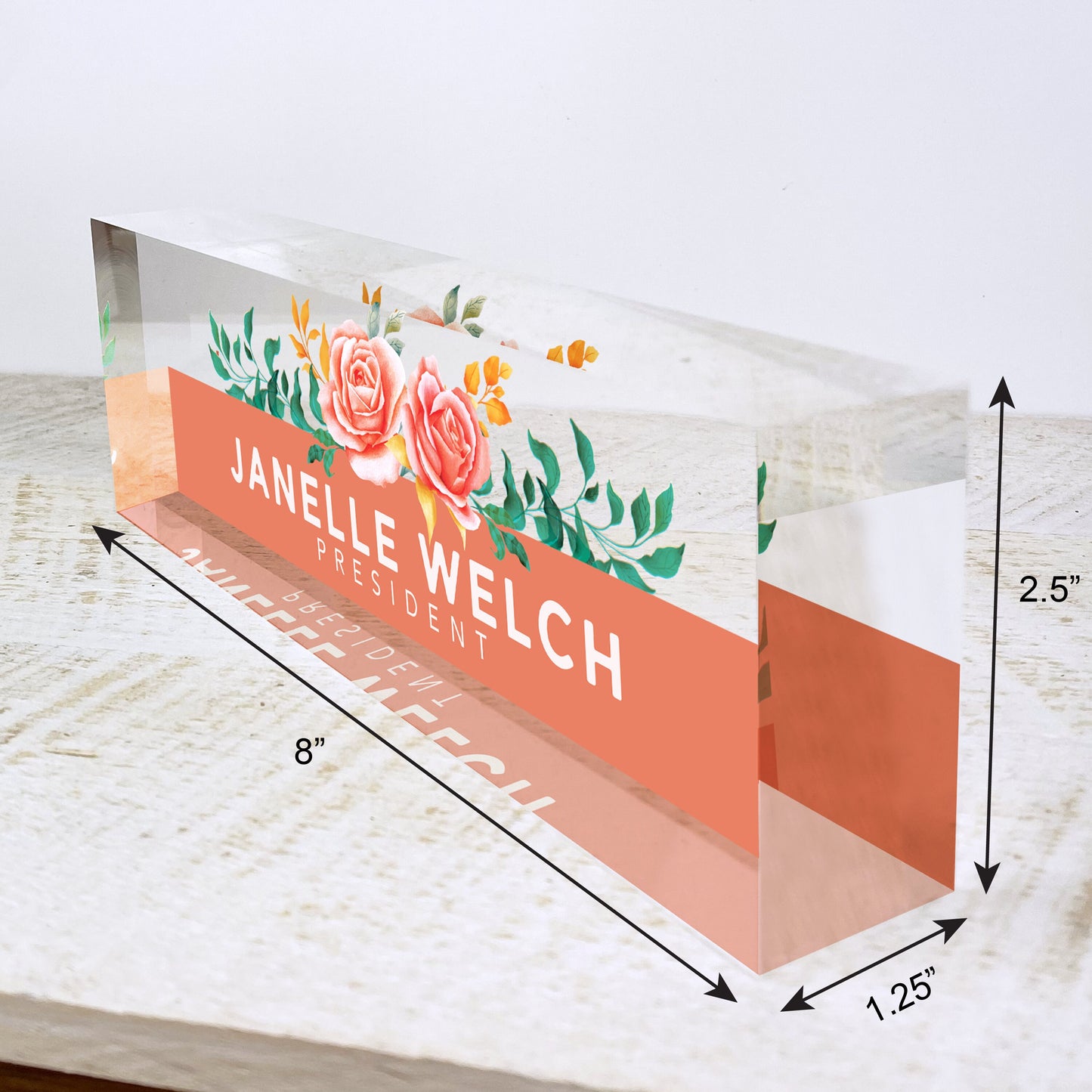 Personalized Name Plate for Desk | Orange Roses Design On Clear Acrylic Glass | Custom Office Decor Nameplate Sign | Personalized Gift