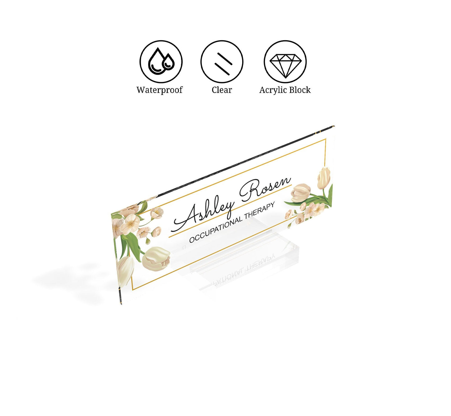 Personalized name plate for desk | tulip flower design on clear acrylic glass | custom office nameplate sign | personalized gift - ARTBLOX