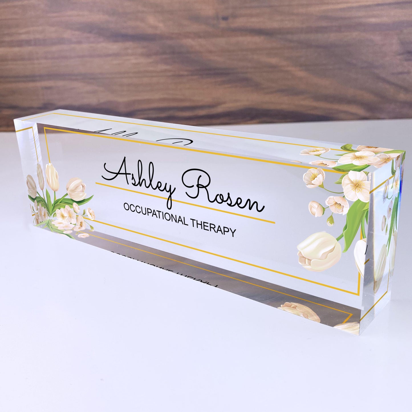 Personalized Name Plate for Desk | Flowers white Design On Clear Acrylic Glass | Custom Office Decor Nameplate Sign | Personalized Gift