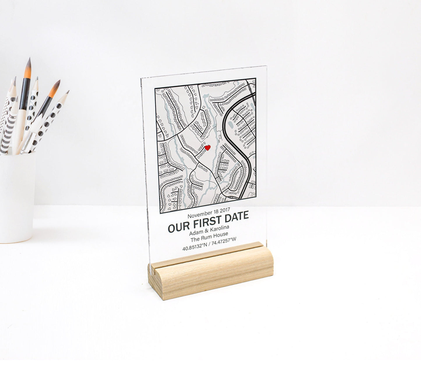 Personalized gift acrylic map our first date, home with glass stand for mother, wife, girlfriend, husband, boyfriend, christmas