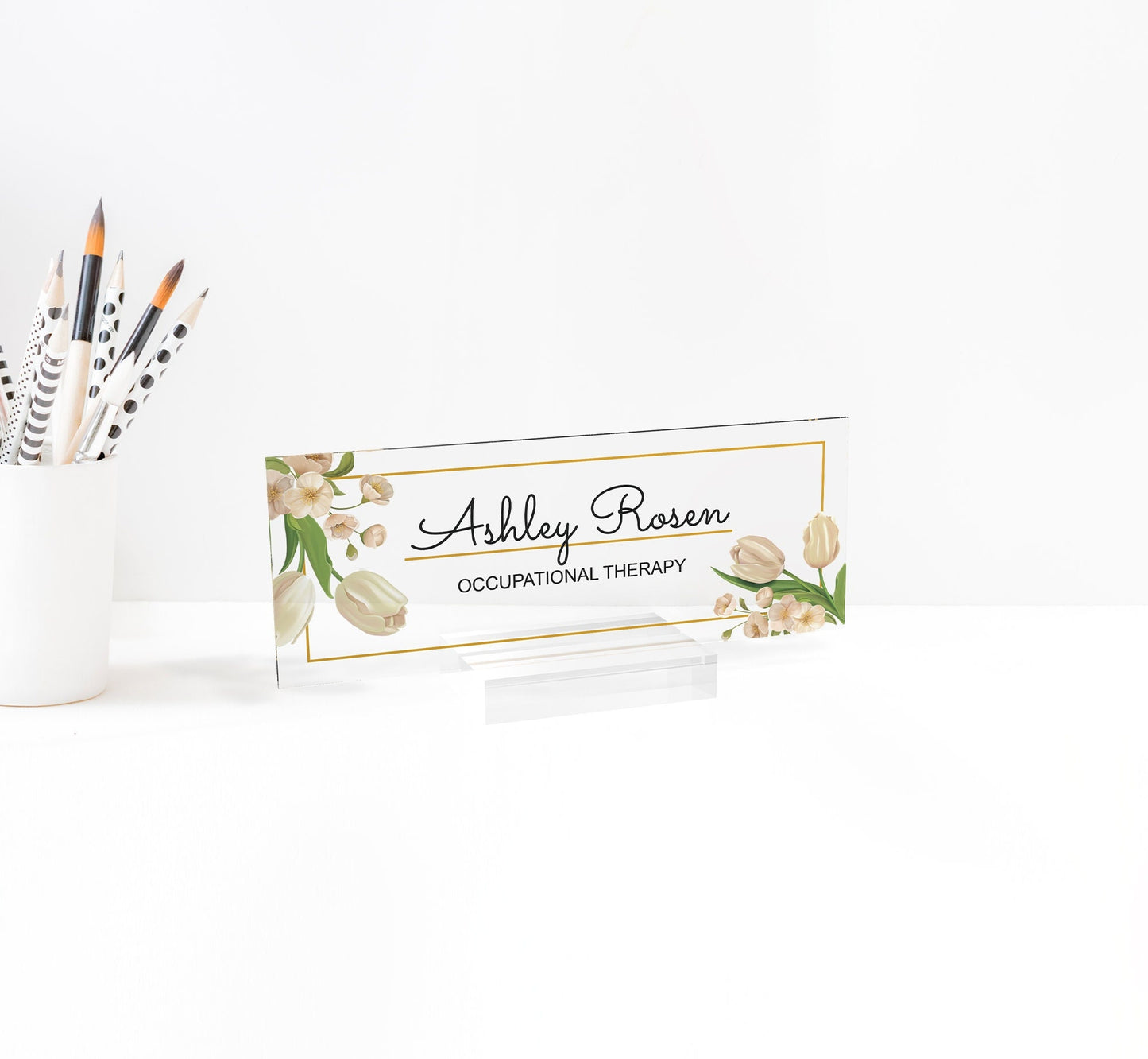 Personalized name plate for desk | tulip flower design on clear acrylic glass | custom office nameplate sign | personalized gift - ARTBLOX