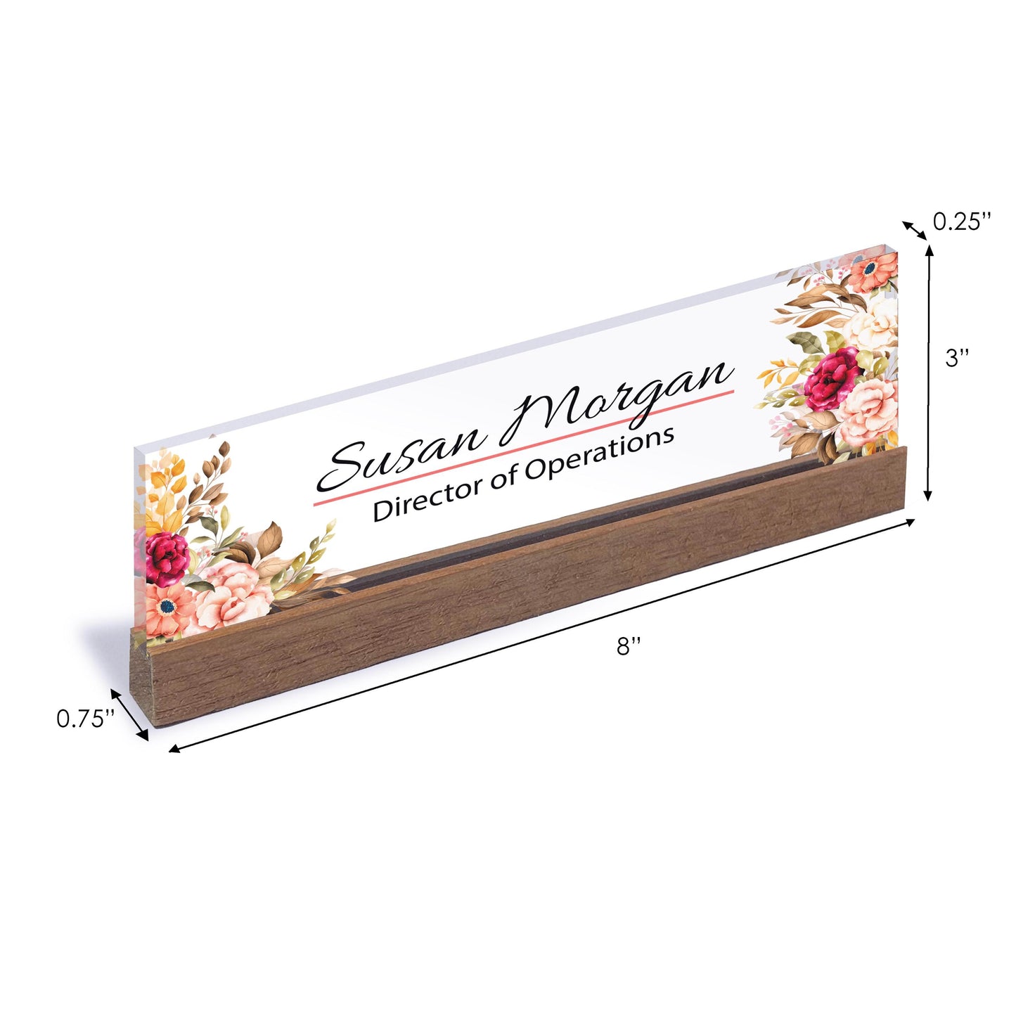Personalized Name Plate for Desk for Modern Office Business Decor Flowers Wild Design Sign on Clear Acrylic Glass with Wooden Stand