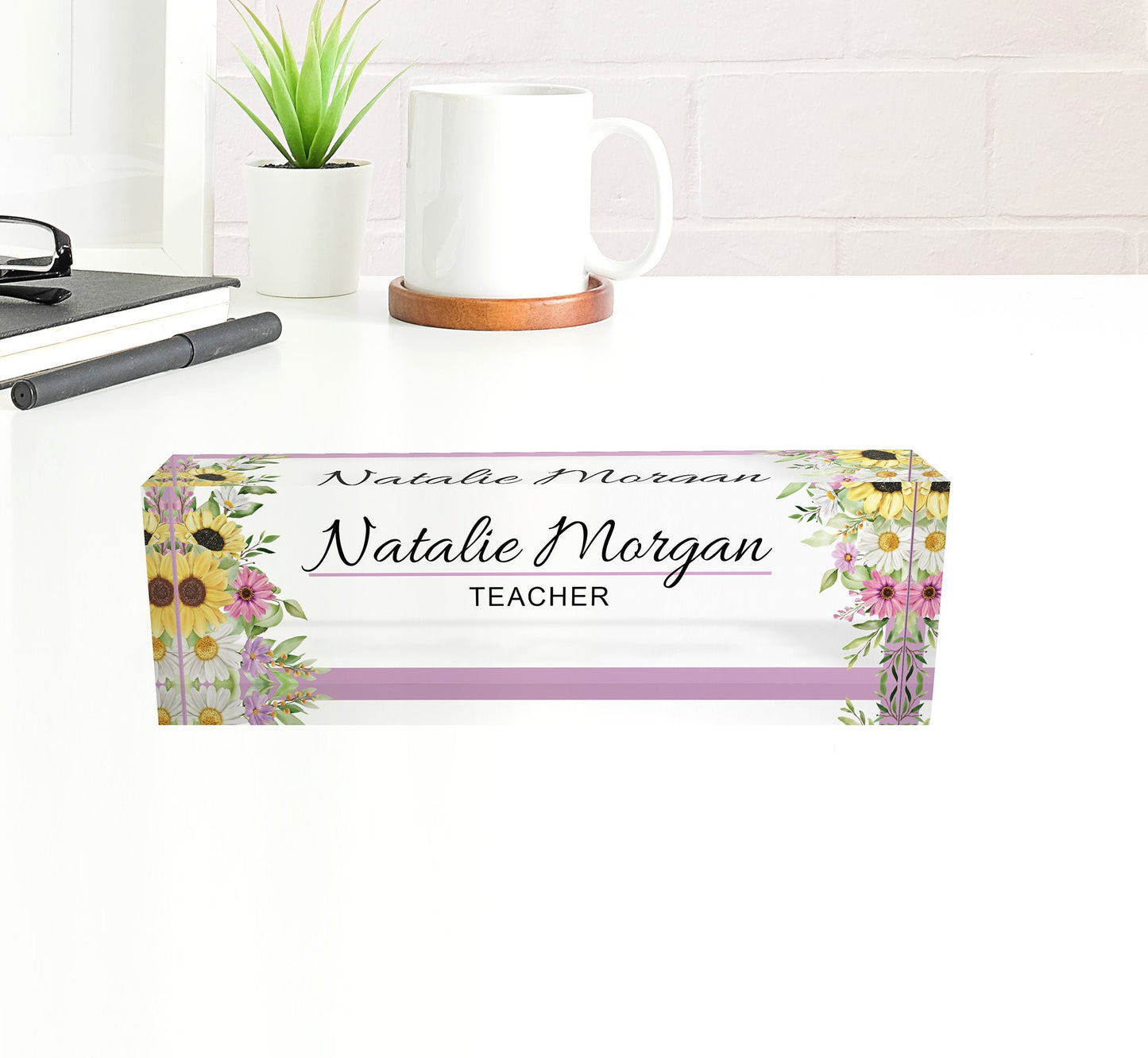 Personalized name plate, office desk gifts, name plate for graduation, glassacrylic, name plaque, nurse gift, gift new office, flower