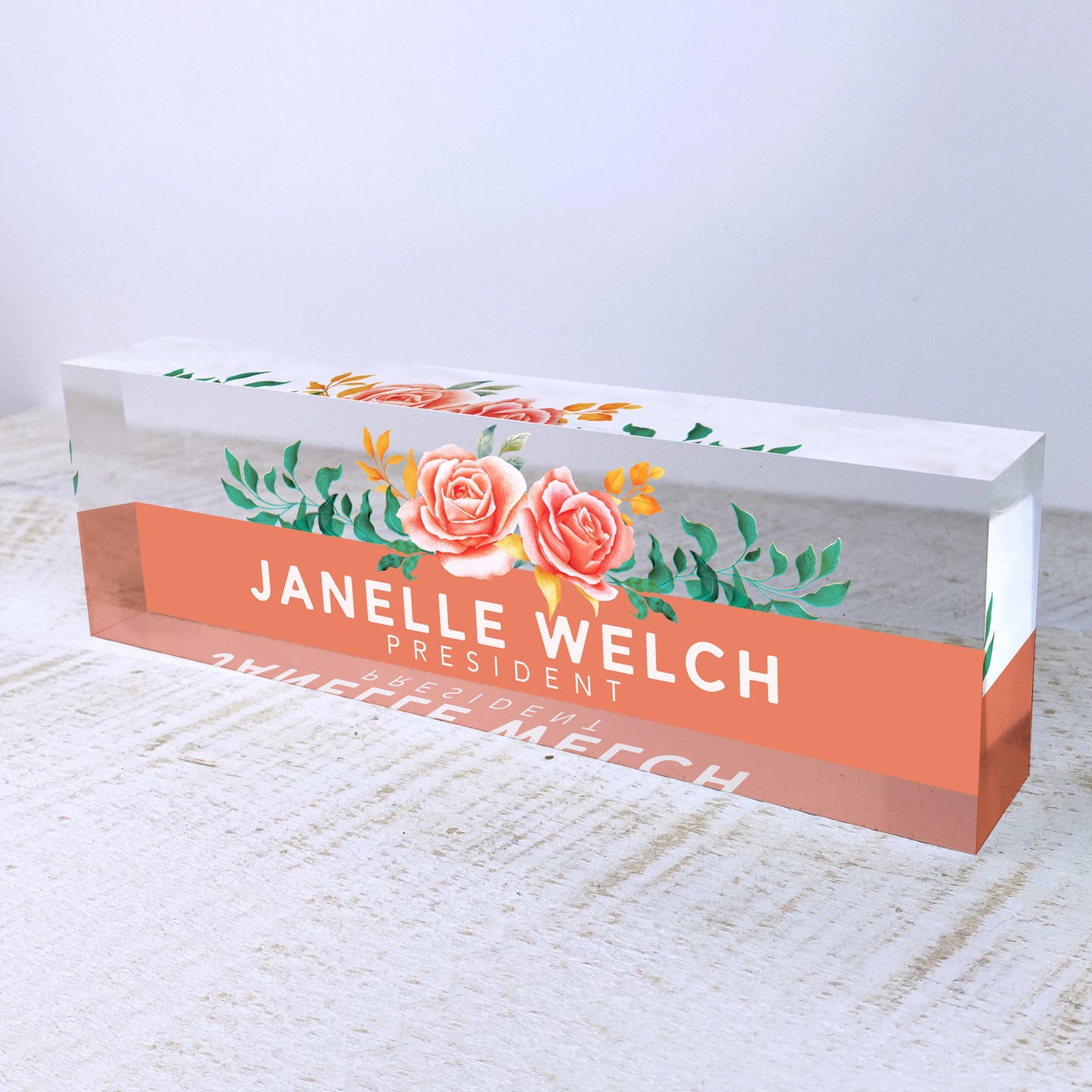 Personalized Name Plate for Desk | Orange Roses Design On Clear Acrylic Glass | Custom Office Decor Nameplate Sign | Personalized Gift