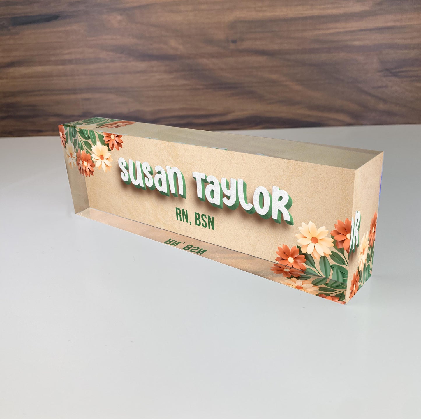 3D Personalized Acrylic Name Plate Desk Sign Plaque Customized Acrylic Plate Gift for Teacher Co-workers Spring Floral