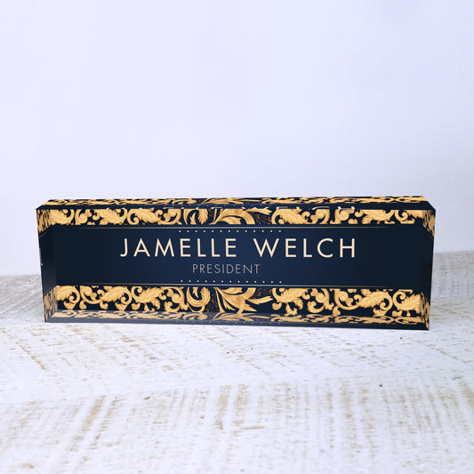 Personalized Name Plate for Desk | Gold Leaf Design On Clear Acrylic Glass | Custom Office Decor Nameplate Sign | Personalized Gift