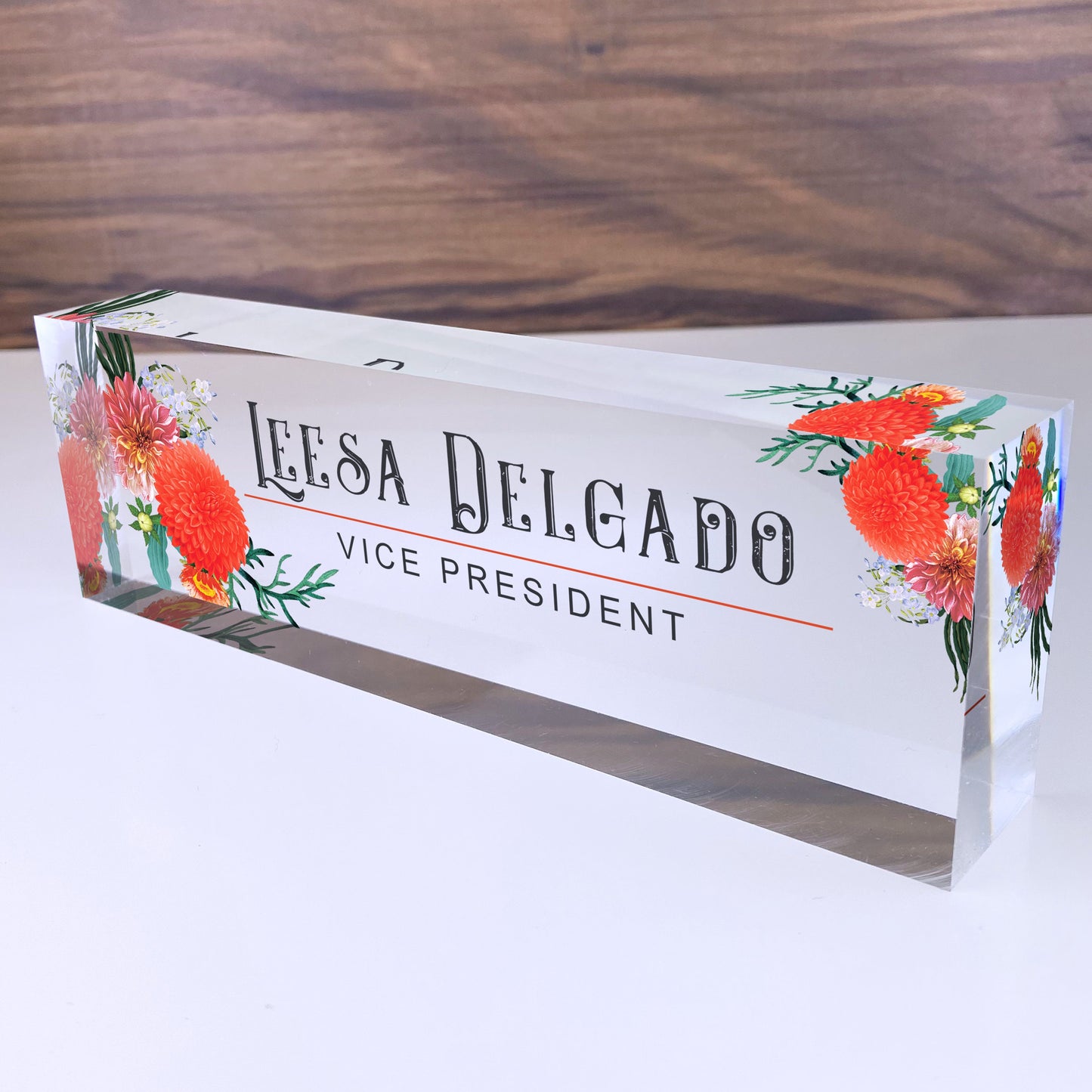 Personalized Desk Name Plate| Autumn Flowers Design Office Desk Decor On Clear Acrylic Glass | Custom Nameplate Sign | Personalized Gift