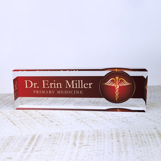 Personalized Name Plate for Desk | Medic Design On Clear Acrylic Glass | Custom Office Decor Nameplate Sign | Personalized Gift