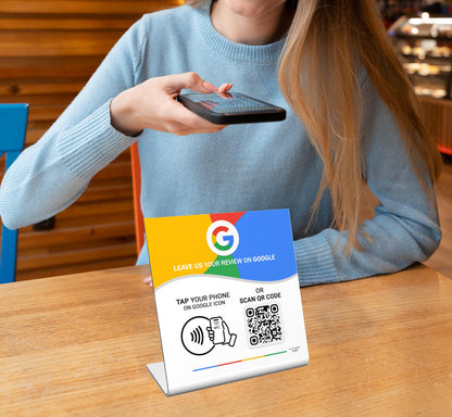 NFC Tag Google Review Stand - Digital Business Card to Boost Customer Reviews - Tap NFC & Scan QR code - Business sign holder review sign
