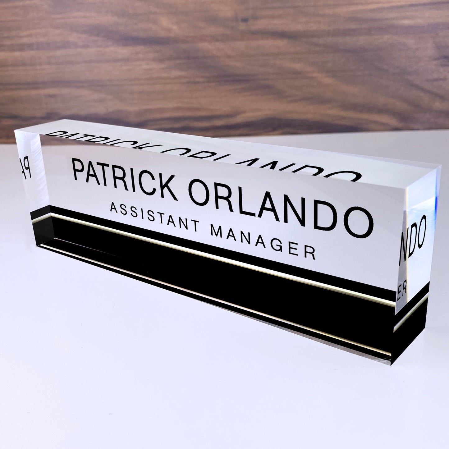Artblox Personalized Office Name Plate For Desk | Black Stripe Design On Clear Acrylic Glass | Cute Office Desk Accessories Customized Gifts