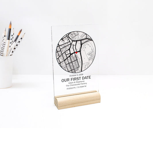 Personalized gift acrylic map our first date, home with glass stand for mother, wife, girlfriend, husband, boyfriend, christmas