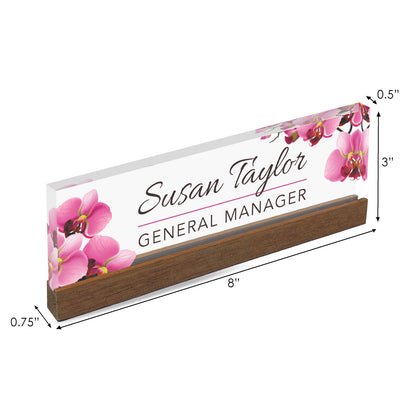 Personalized Office Desk Name Plate + Business Card Holder Customized Clear Acrylic Glass with Teak Wood Stand Orchids Flowers Design