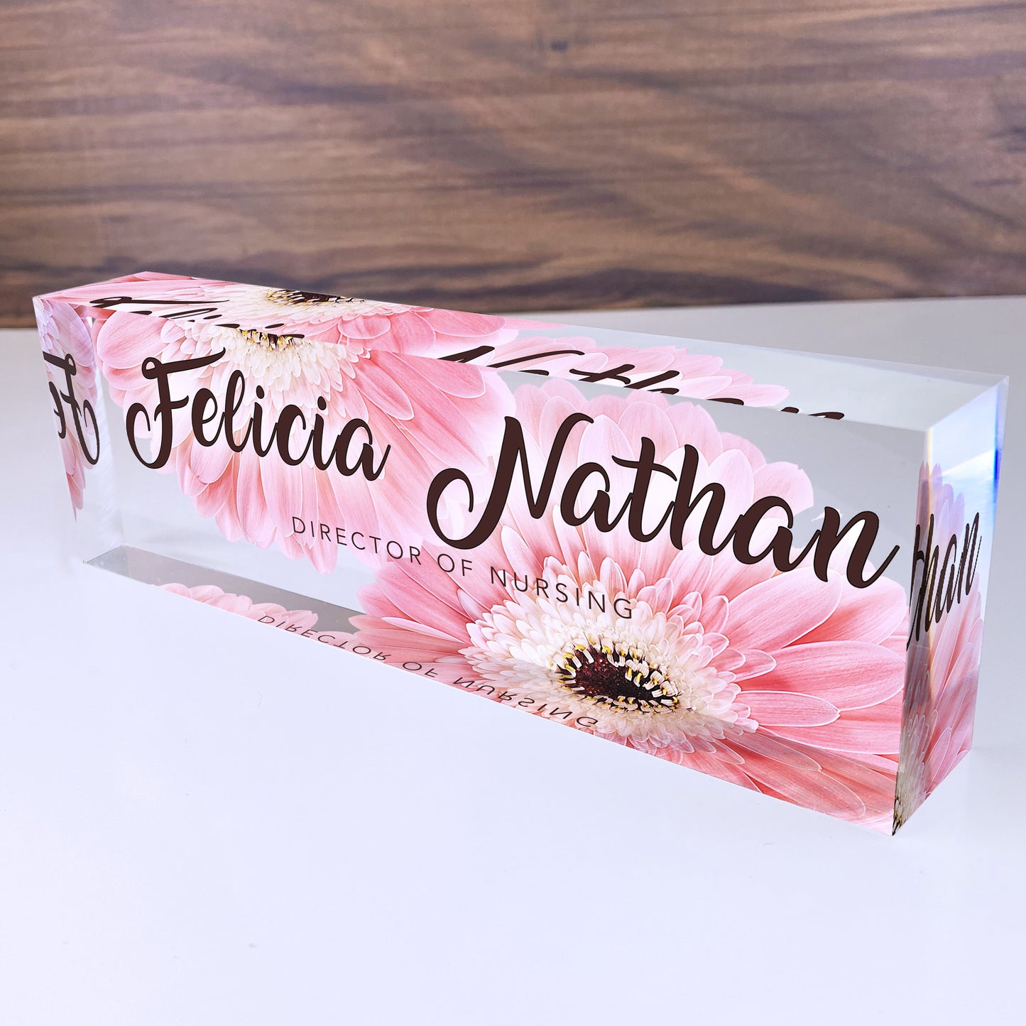 Personalized Desk Name Plate| Daisy Design Office Desk Decor On Clear Acrylic Glass | Custom Nameplate Sign | Personalized Gift
