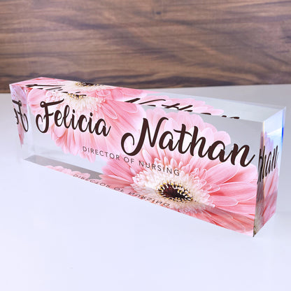 Personalized Desk Name Plate| Daisy Design Office Desk Decor On Clear Acrylic Glass | Custom Nameplate Sign | Personalized Gift