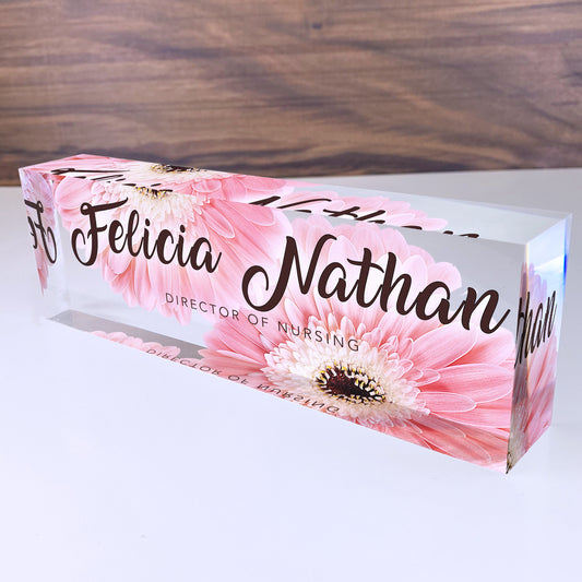 Personalized Desk Name Plate| Daisy Design Office Desk Decor On Clear Acrylic Glass | Custom Nameplate Sign | Personalized Gift