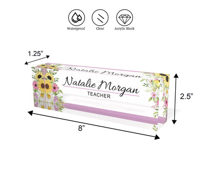 Personalized name plate, office desk gifts, name plate for graduation, glassacrylic, name plaque, nurse gift, gift new office, flower