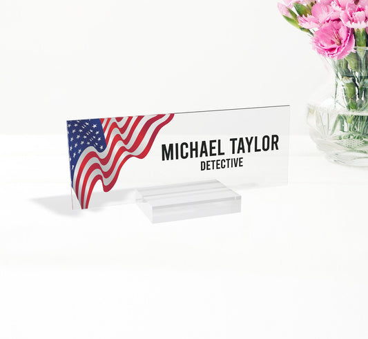 Desk name plate USA FLAG, flowers marble design name plate for desk, personalized business gift, gift for boss, gift for coworkers