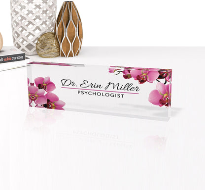 Artblox Office Desk Name Plate Personalized | Custom Name Plates for Desks | Flowers Designs On Clear Acrylic Glass | Orchid - 0.750"