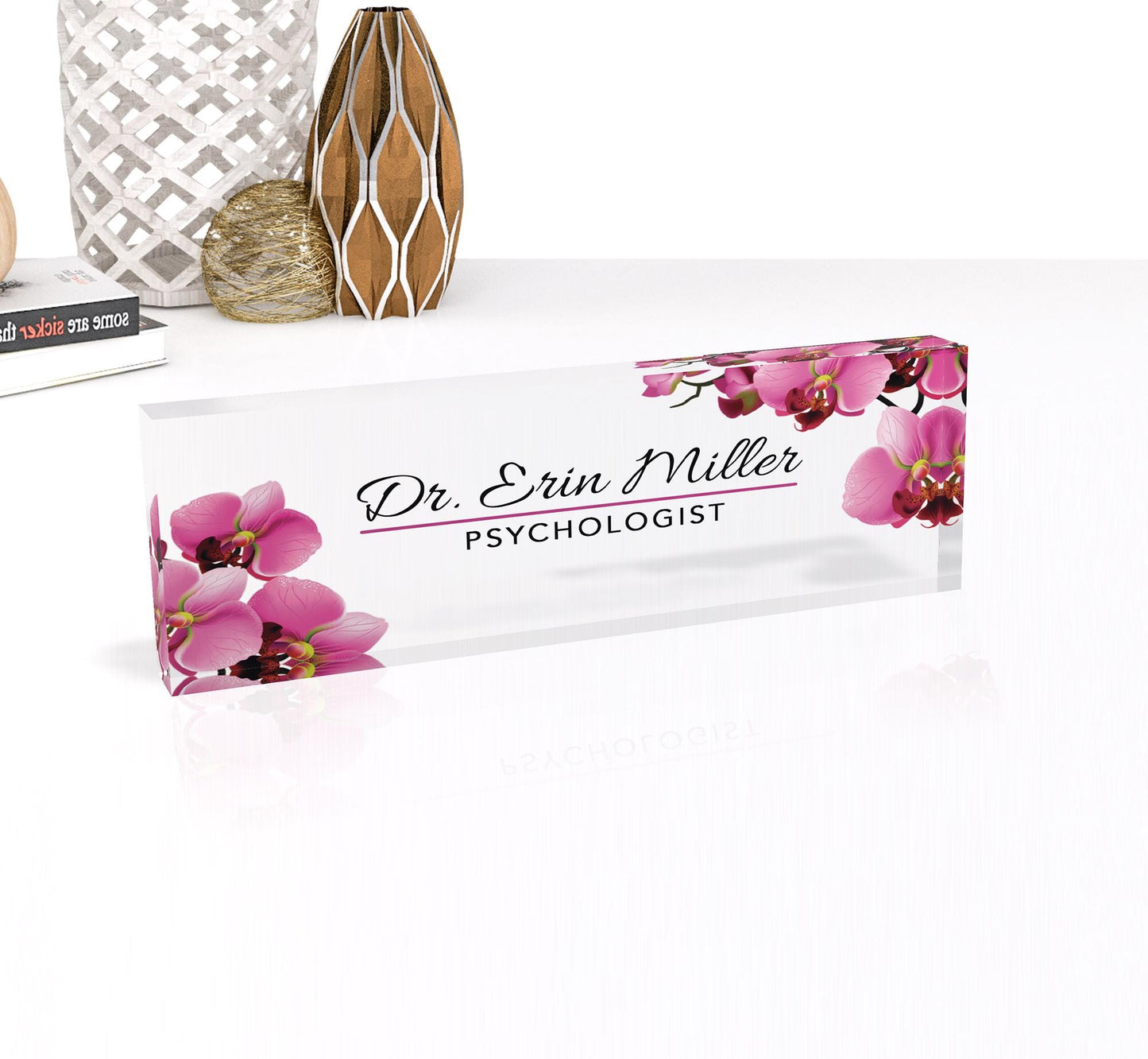 Artblox Office Desk Name Plate Personalized | Custom Name Plates for Desks | Flowers Designs On Clear Acrylic Glass | Orchid - 0.750"