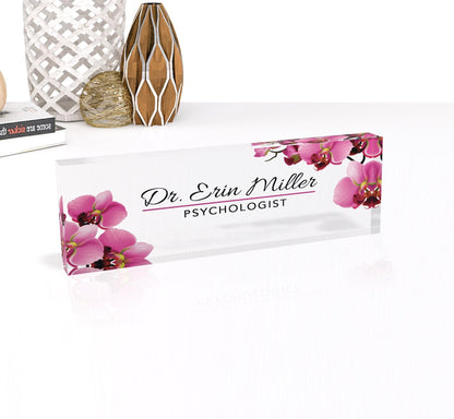 Artblox Office Desk Name Plate Personalized | Custom Name Plates for Desks | Flowers Designs On Clear Acrylic Glass | Orchid - 0.750"