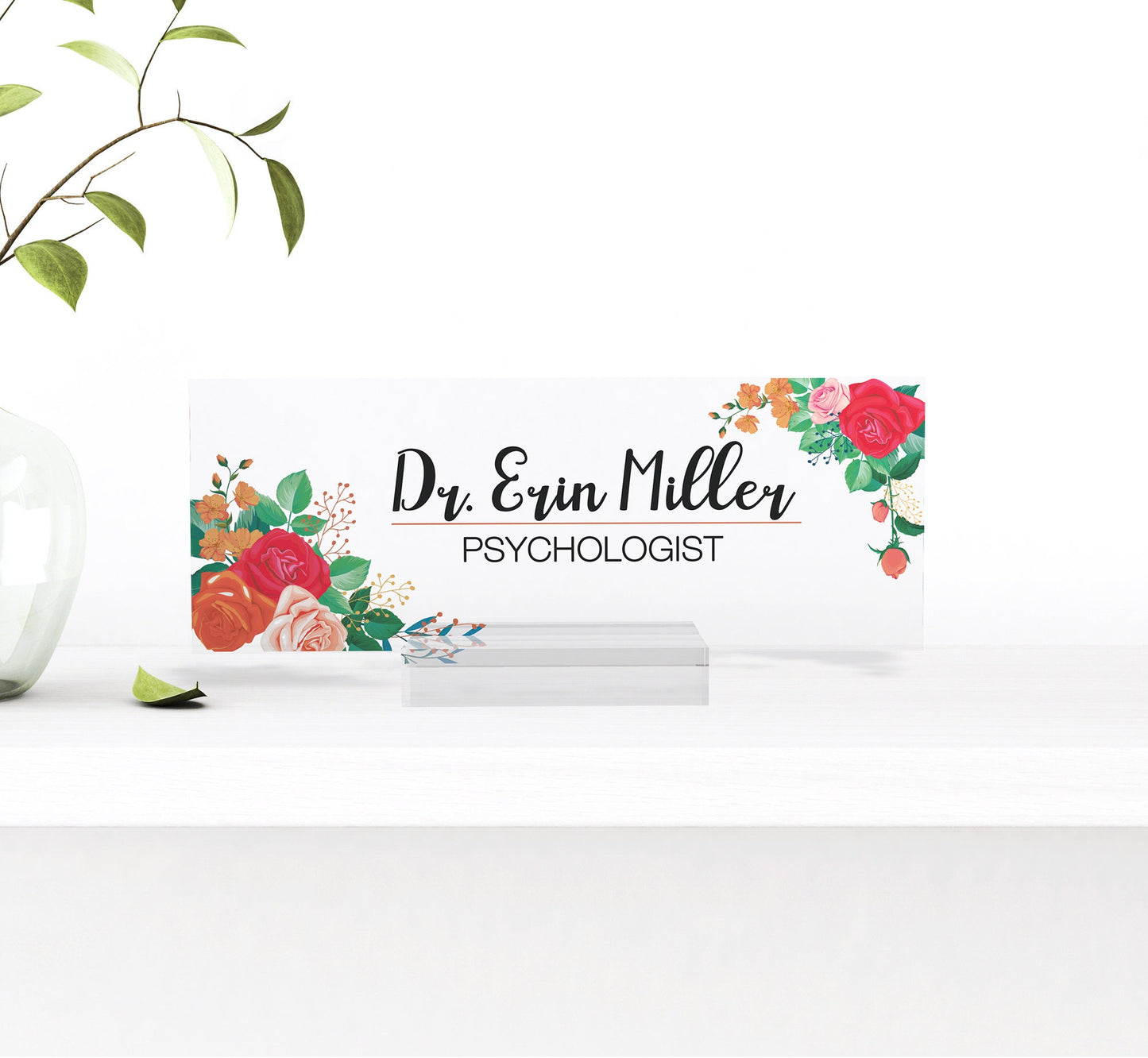 Personalized name plate, office desk gifts, name plate for graduation, glassacrylic, name plaque, nurse gift, gift new office, flower