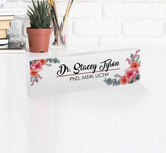 Name Desk Plate, Personalised Name Sign Plaque for Office Decor, Clear Acrylic Block, Coworker Teacher New Job PHD Secret Santa Gift - White