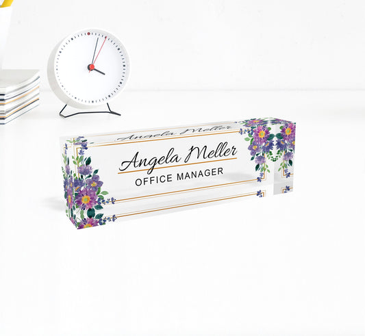 Flower Office Sign, Personalized Sign Plaque, Executive Acrylic Name Plate, Desk Name Plate, Office Name Plate, Office Gift, Name Sign