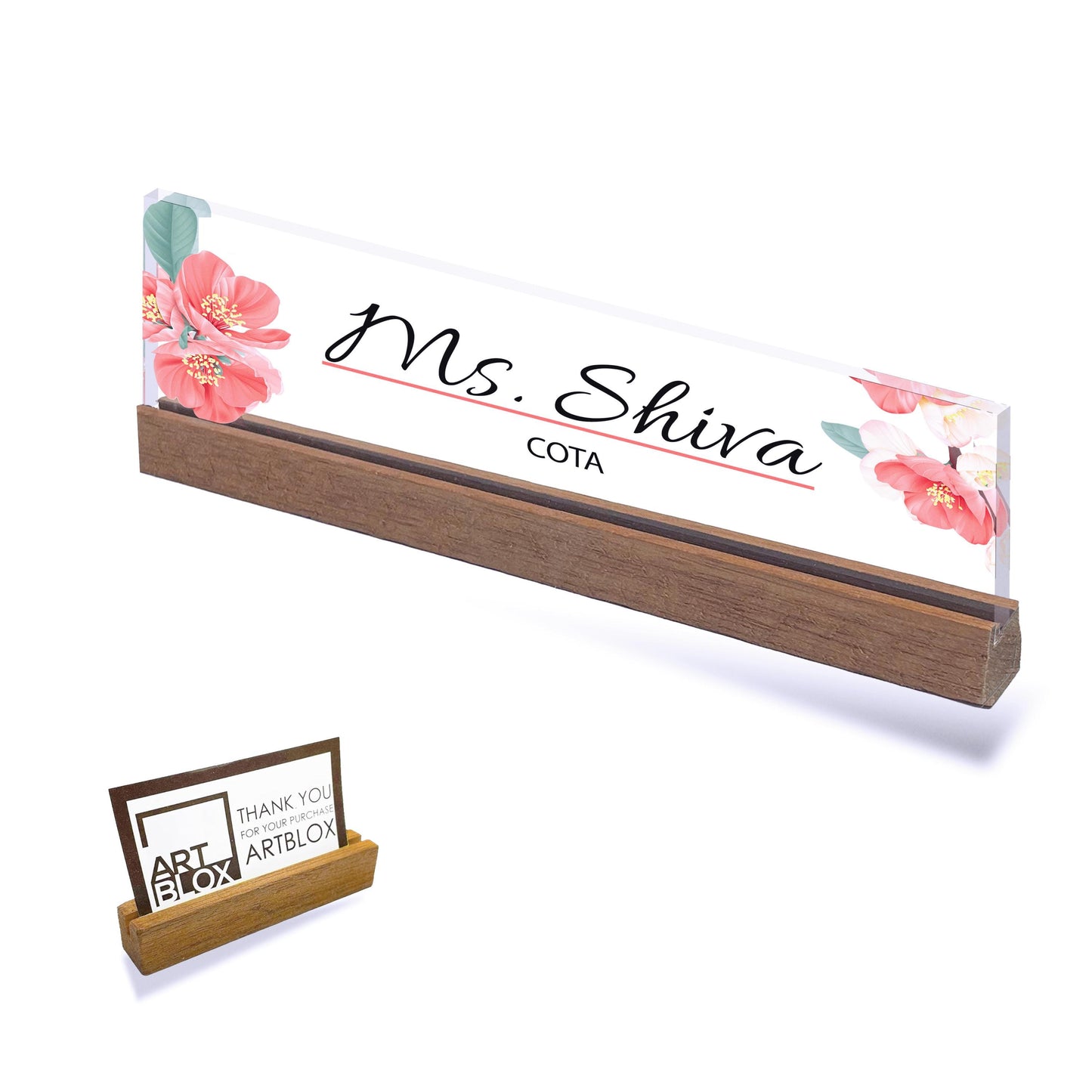 Personalized Name Plate for Desk for Modern Office Business Decor Flowers Wild Design Sign on Clear Acrylic Glass with Wooden Stand