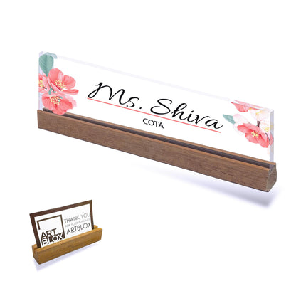 Personalized Name Plate for Desk for Modern Office Business Decor Flowers Wild Design Sign on Clear Acrylic Glass with Wooden Stand
