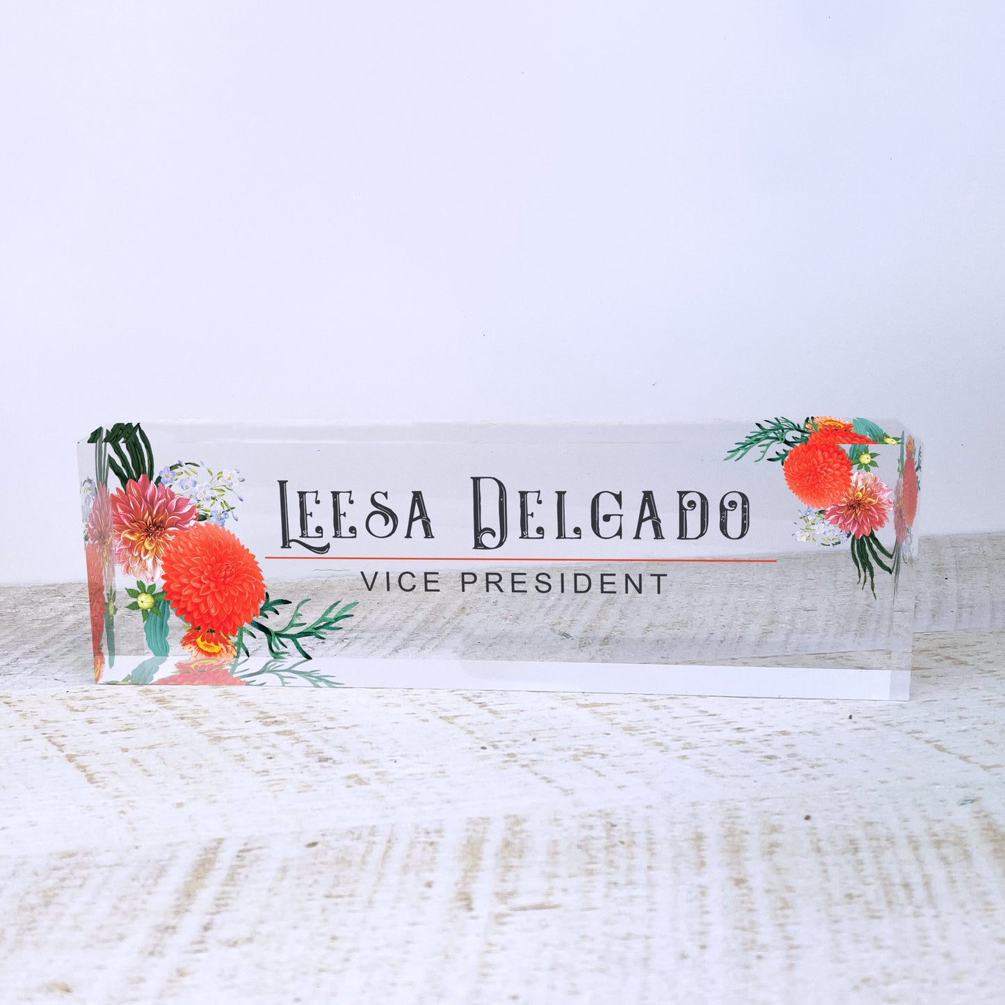Personalized Desk Name Plate| Autumn Flowers Design Office Desk Decor On Clear Acrylic Glass | Custom Nameplate Sign | Personalized Gift