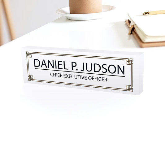 Personalized Desk Name Acrylic Plaque, Custom Office Plate with Name and Position, Floral Name Sign Acrylic Plaque - Solid White Acrylic