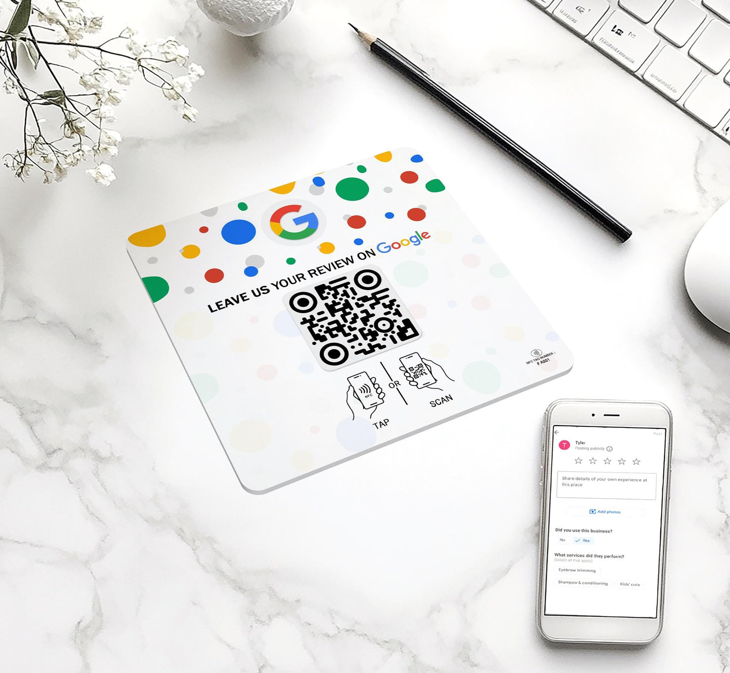 Tap Google Review Stand - Tap for Instant Reviews - All Phones Compatible - Smart Tap NFC & QR Sign - Boost Business Reviews ,White Acrylic