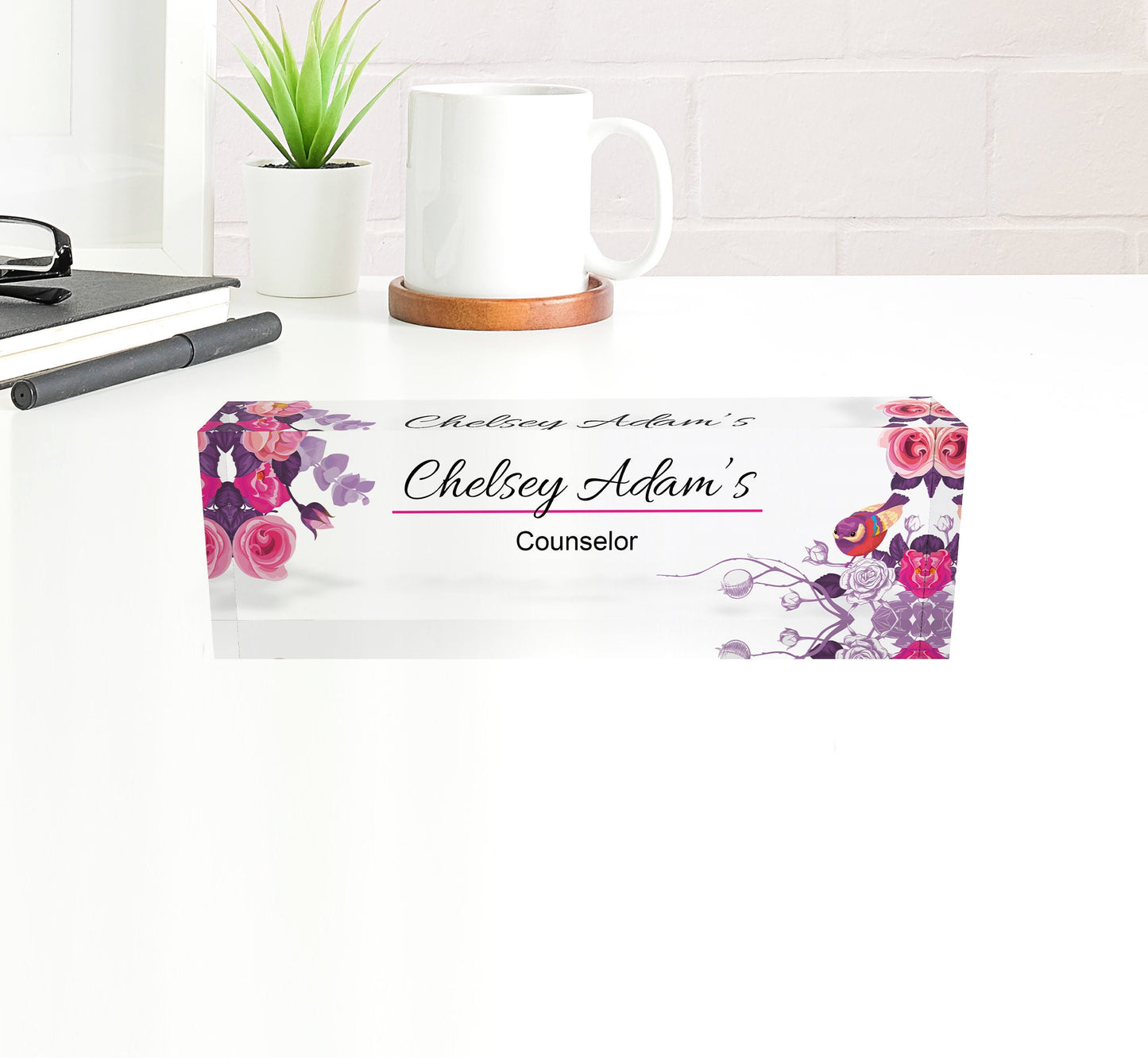 Desk Name Plate for Women, Personalized Desk Name Plate Plaque, Yellow Floral Name Plate for Desk, Clear Acrylic Name Plate