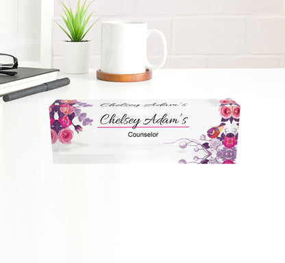 Desk Name Plate for Women, Personalized Desk Name Plate Plaque, Yellow Floral Name Plate for Desk, Clear Acrylic Name Plate